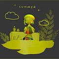Little Girl Enjoying Summer Time Eating Watermelon With Green Plants Clouds And Heart Decorations